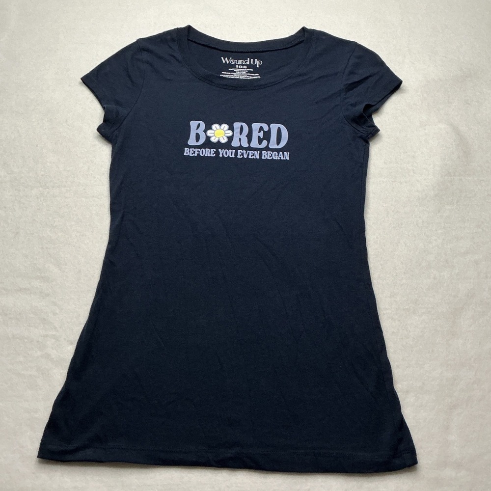 Wound Up Womens Bored Before You Even Began Graphic Tee Navy Blue Small 3-5